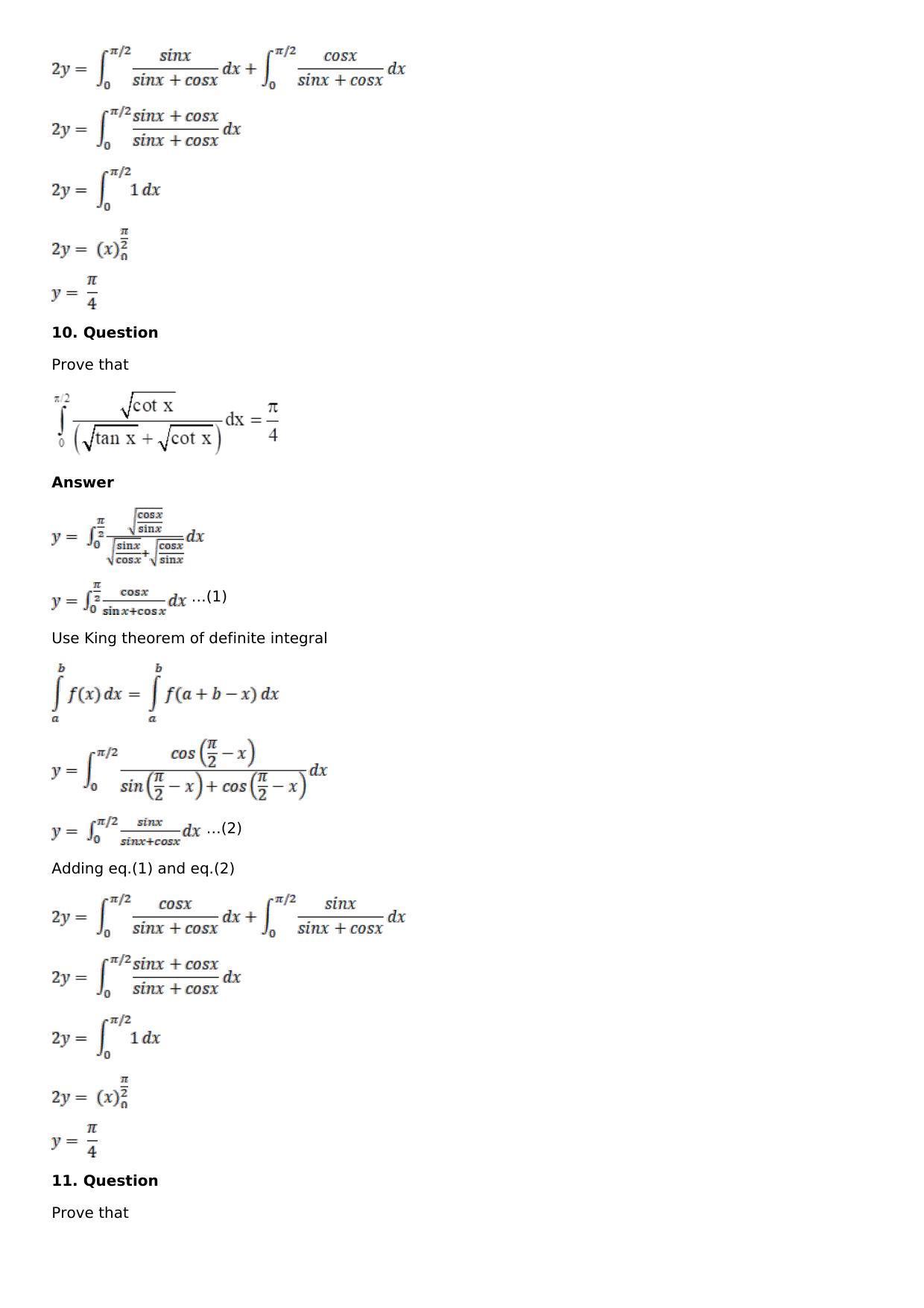 Chapter 16: Definite Integrals Solutions: RS Aggarwal Class 12 Solutions - Page 72