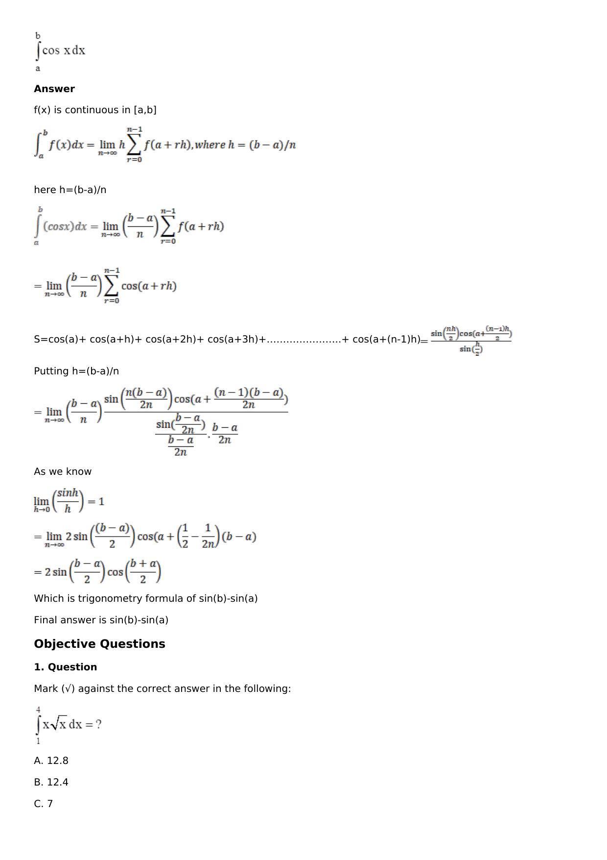 Chapter 16: Definite Integrals Solutions: RS Aggarwal Class 12 Solutions - Page 126