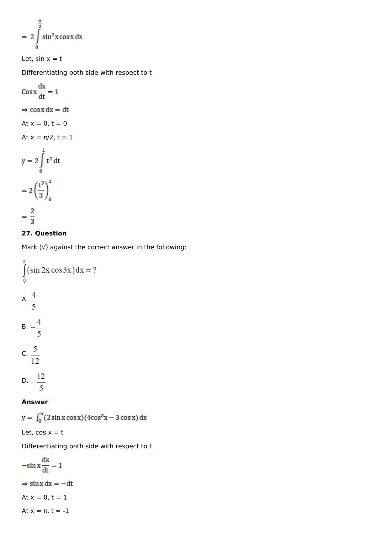 Chapter 16: Definite Integrals Solutions: RS Aggarwal Class 12 Solutions - Page 143
