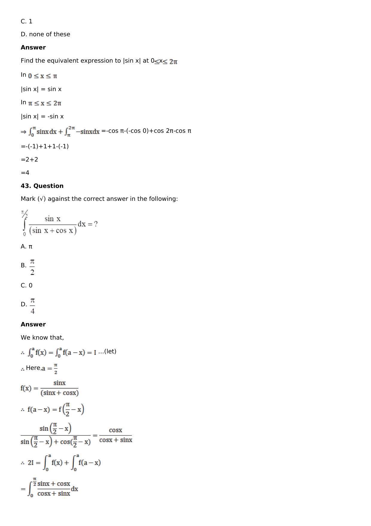 Chapter 16: Definite Integrals Solutions: RS Aggarwal Class 12 Solutions - Page 154