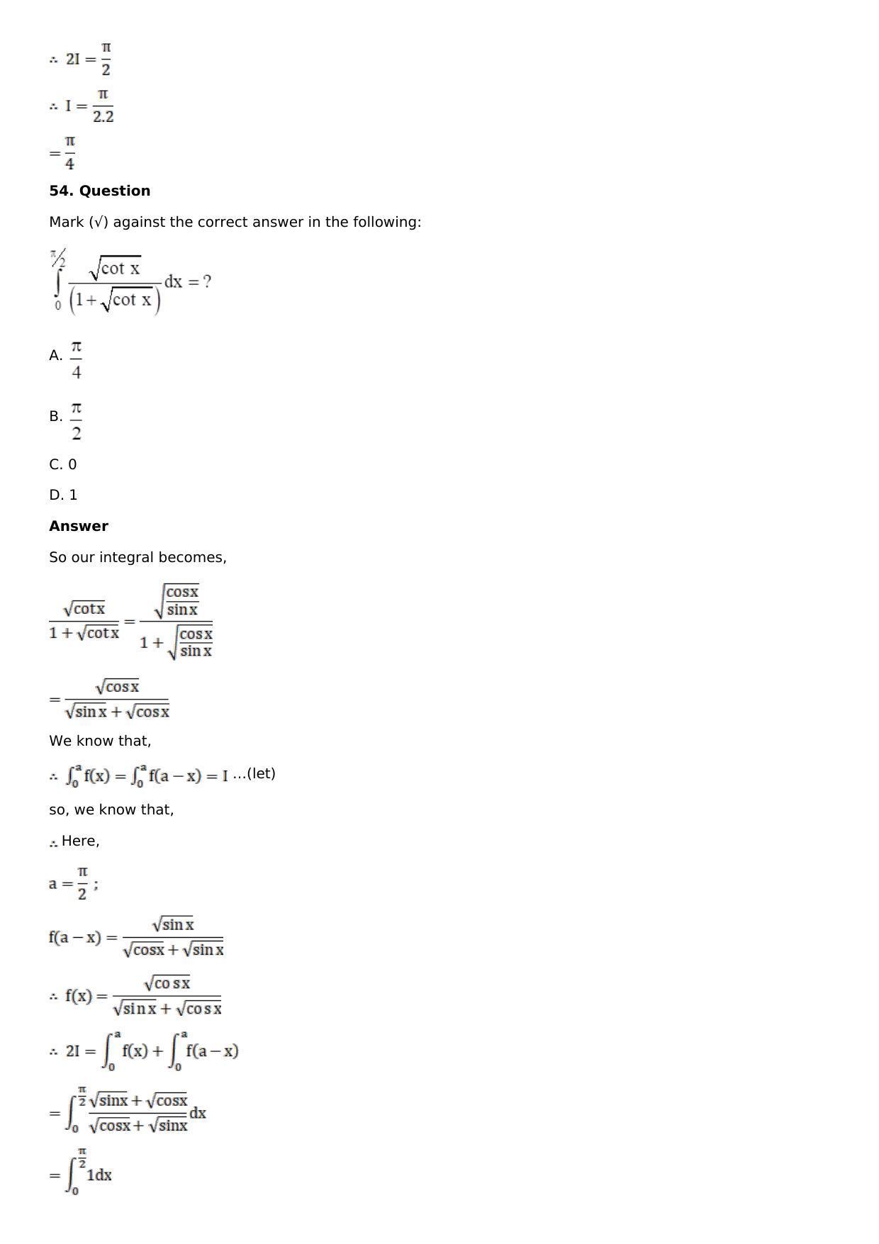 Chapter 16: Definite Integrals Solutions: RS Aggarwal Class 12 Solutions - Page 164