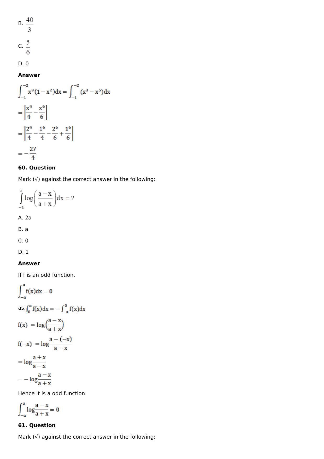 Chapter 16: Definite Integrals Solutions: RS Aggarwal Class 12 Solutions - Page 168