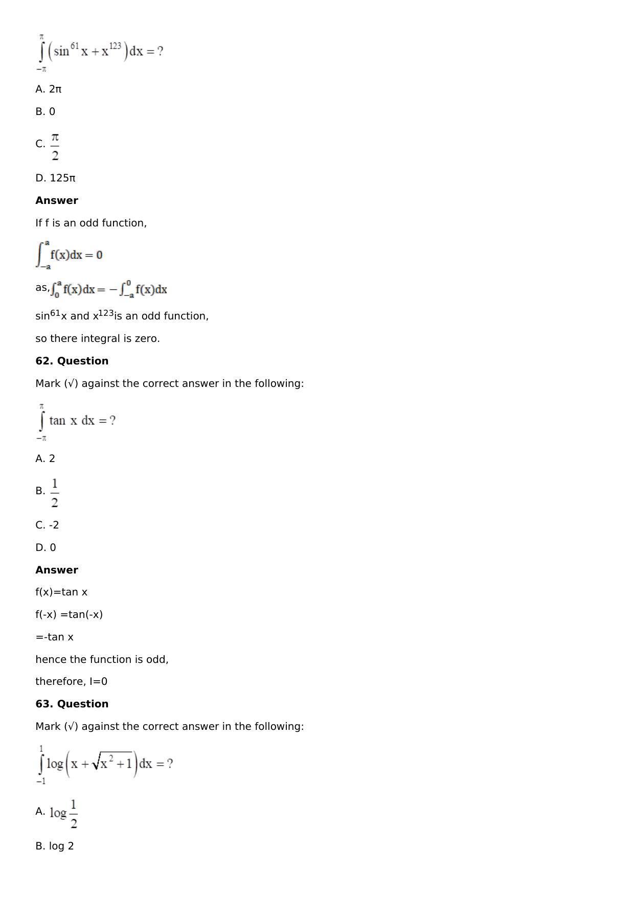 Chapter 16: Definite Integrals Solutions: RS Aggarwal Class 12 Solutions - Page 169