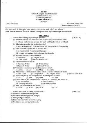Bilaspur University Question Paper June 2022:M.A. English (Fourth Semester) Gender Studies Paper 1