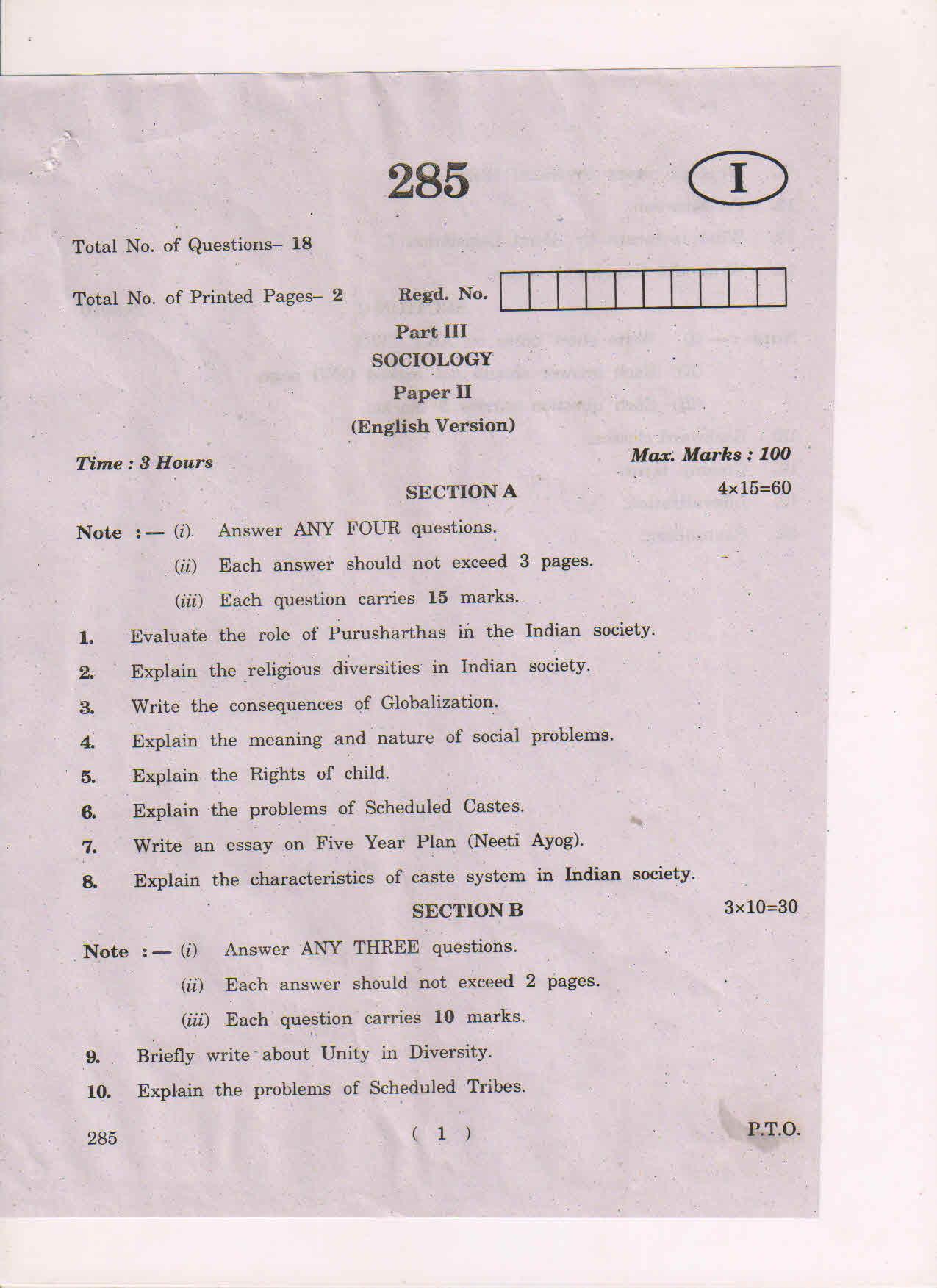 AP Inter 2nd Year Sociology-II (EM) May 2018 (General) Question Paper - Page 1