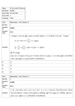 JEE Mains 2022: B Arch & B Planning Tamil (Shift 1) 30-07-2022 Question Paper