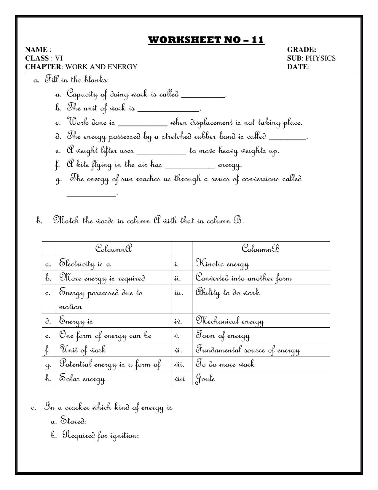 CBSE Worksheets for Class 6 Physics Work Energy Assignment 4 - Page 1