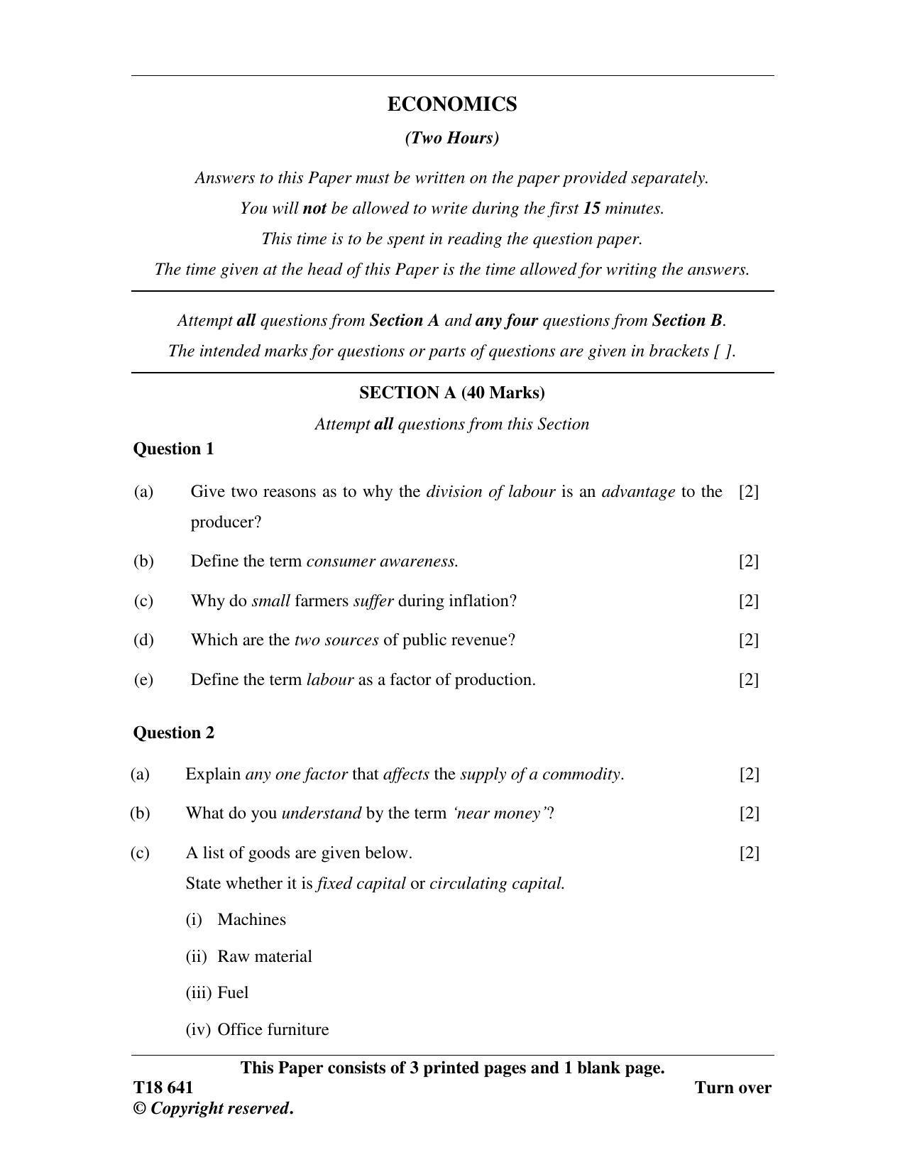 ICSE Class 10 Economics 2018 Question Paper - Page 1