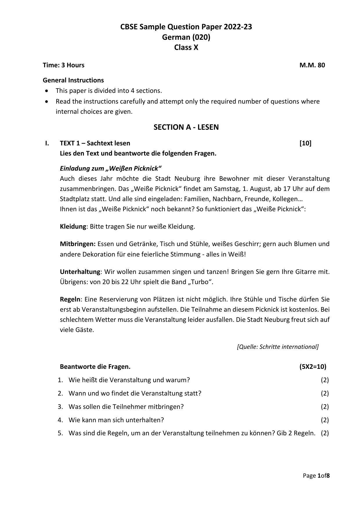 CBSE Class 10 German Sample Papers 2023 - Page 1