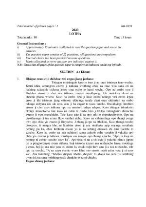 Nagaland Board Class 10 LOTHA 2020 Question Paper