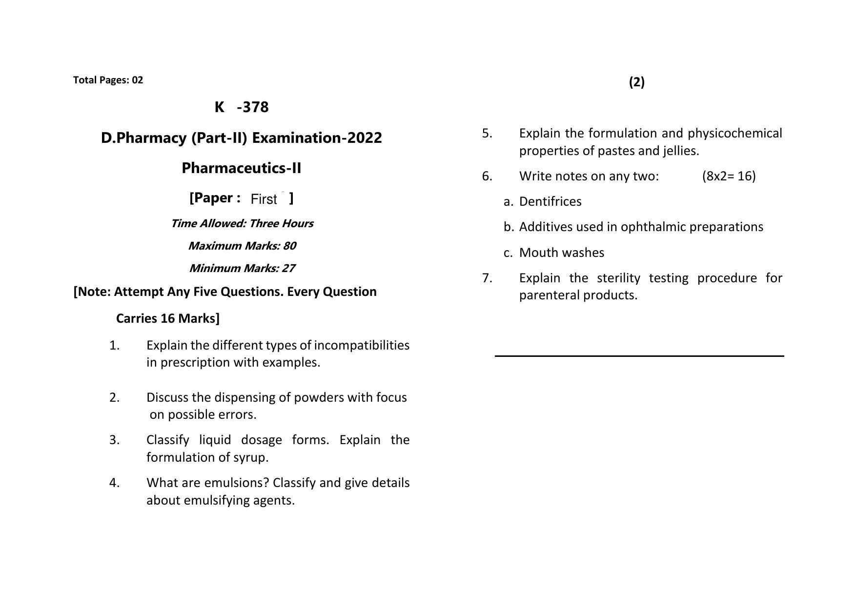 Sarguja University Question Paper - 2022 : Diploma In Pharmacy Part-II Pharmaceutics -II Paper I - Page 1