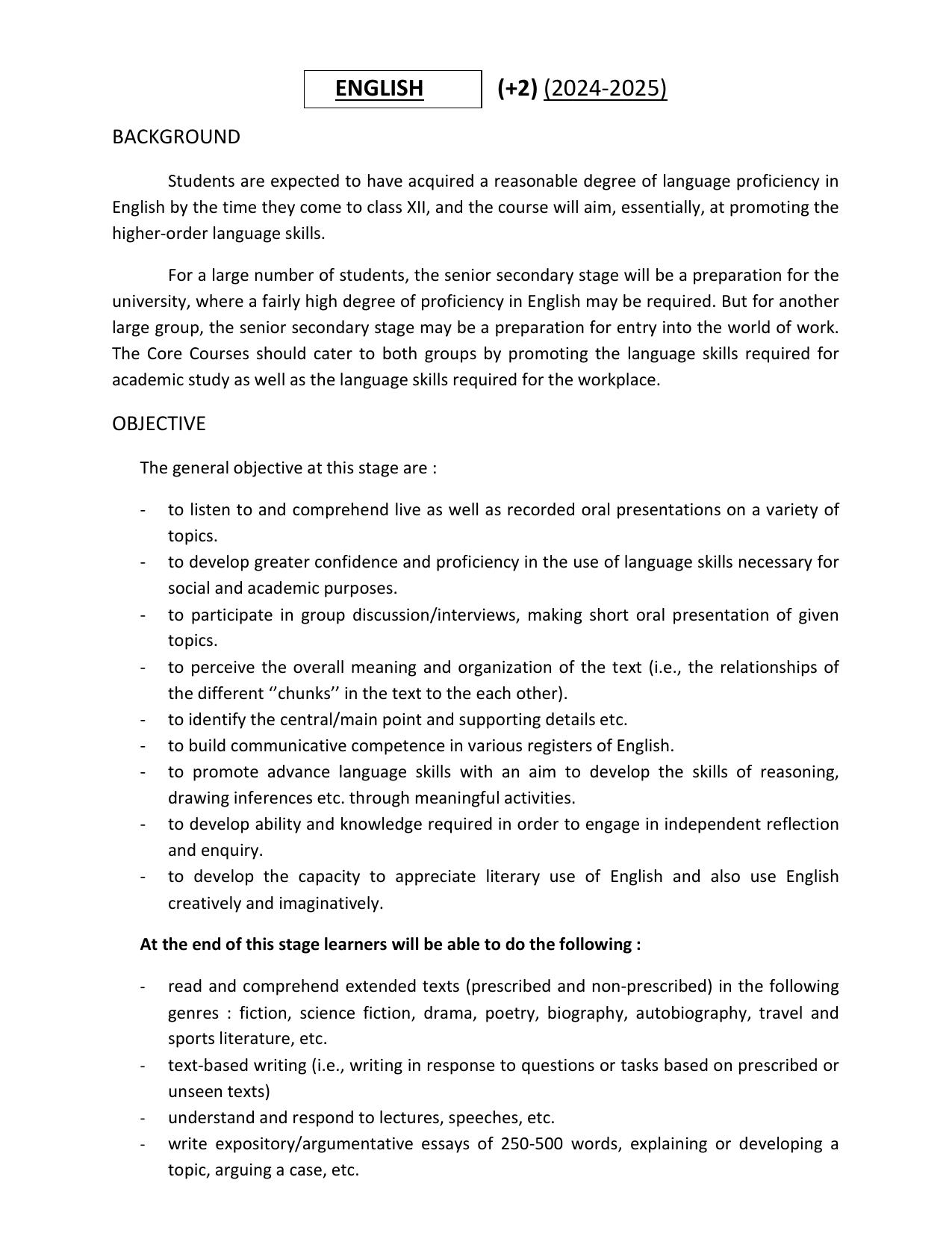 HP Board Class 12th Syllabus for English - Page 1