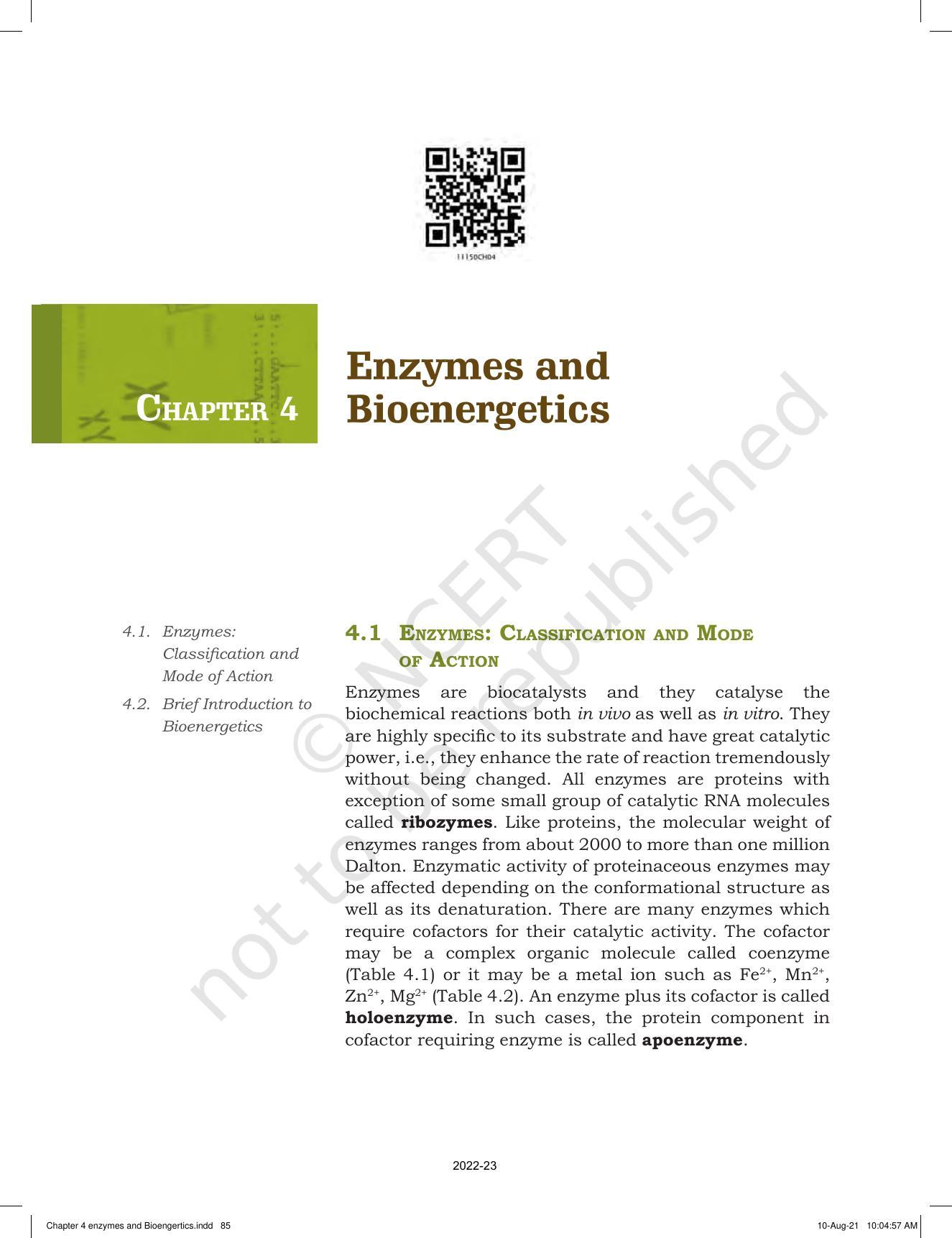 NCERT Book for Class 11 Biotechnology Chapter 4 Enzymes and Bioenergetics - Page 1