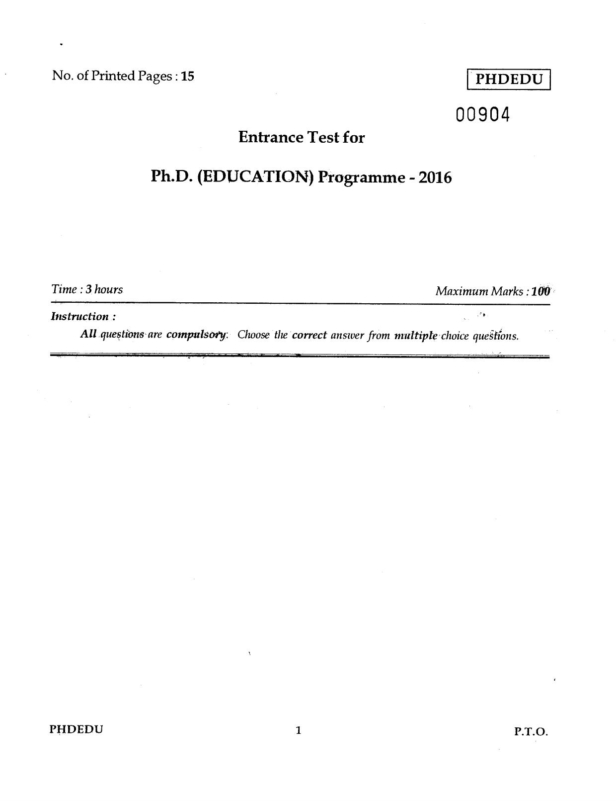 IGNOU PhD Entrance Test Ph.D (Education) 2016 Question Paper - Page 1