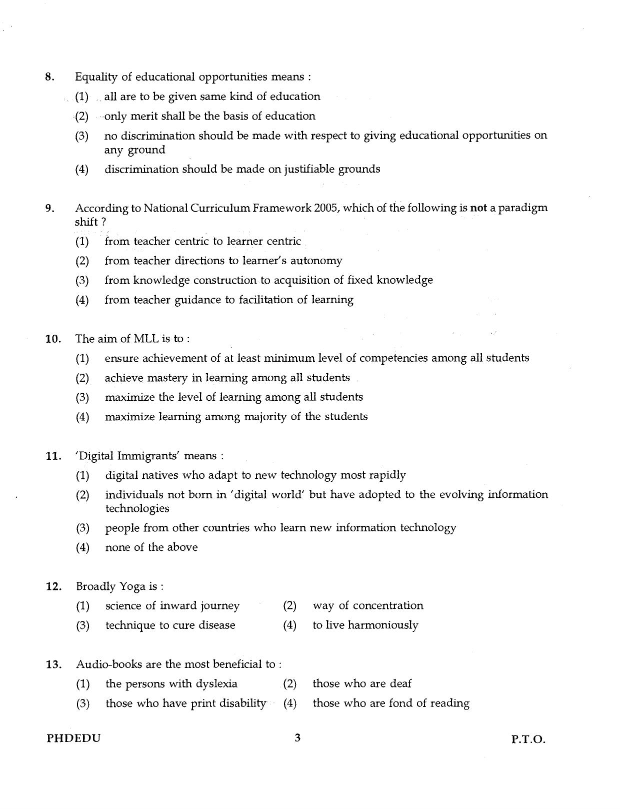 IGNOU PhD Entrance Test Ph.D (Education) 2016 Question Paper - Page 3
