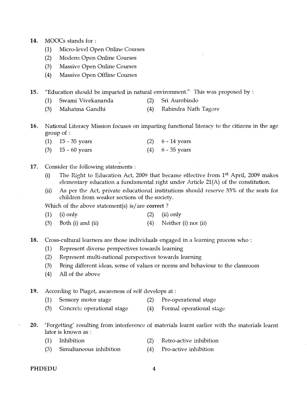 IGNOU PhD Entrance Test Ph.D (Education) 2016 Question Paper - Page 4