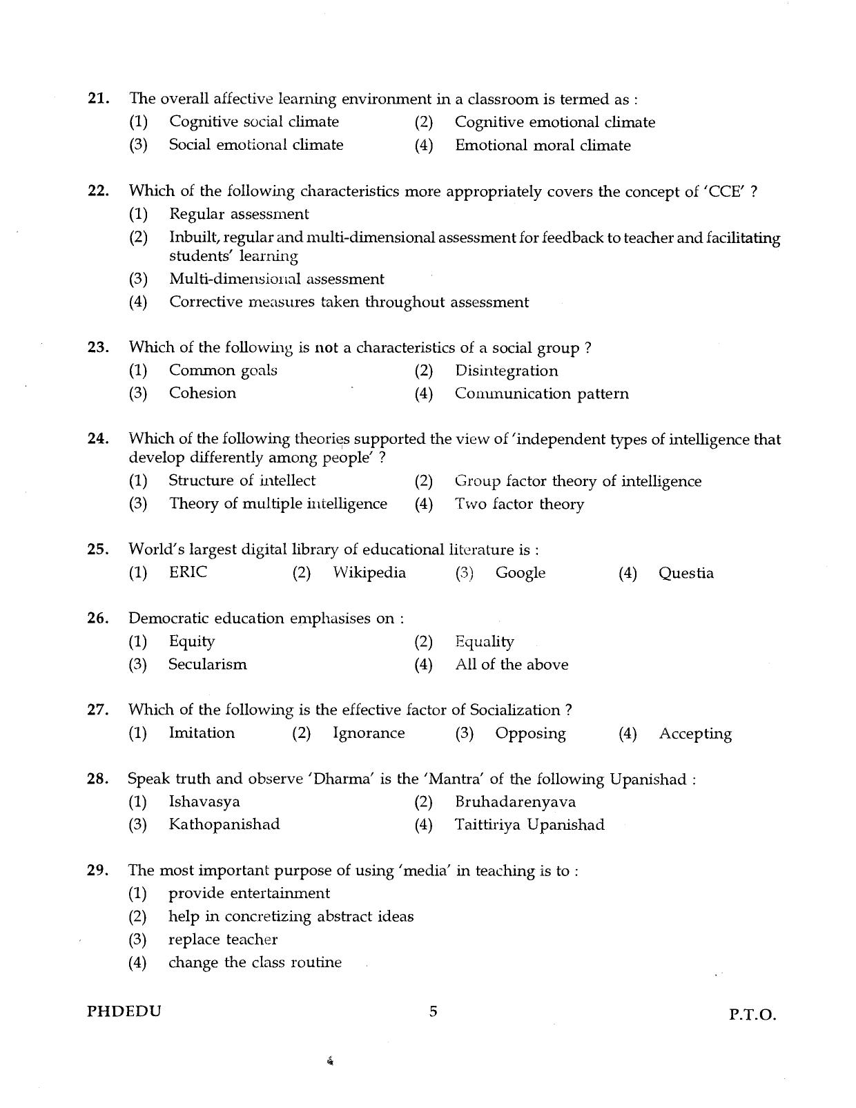 IGNOU PhD Entrance Test Ph.D (Education) 2016 Question Paper - Page 5