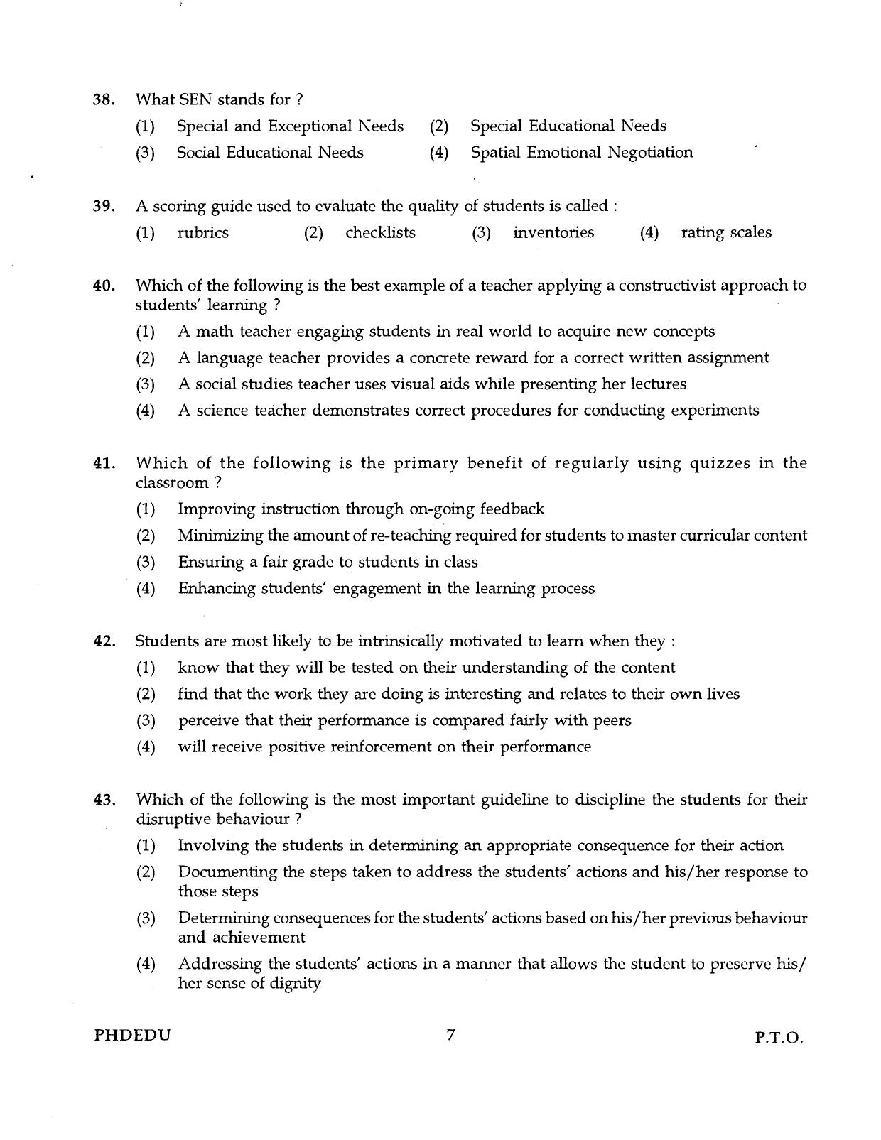 IGNOU PhD Entrance Test Ph.D (Education) 2016 Question Paper - Page 7