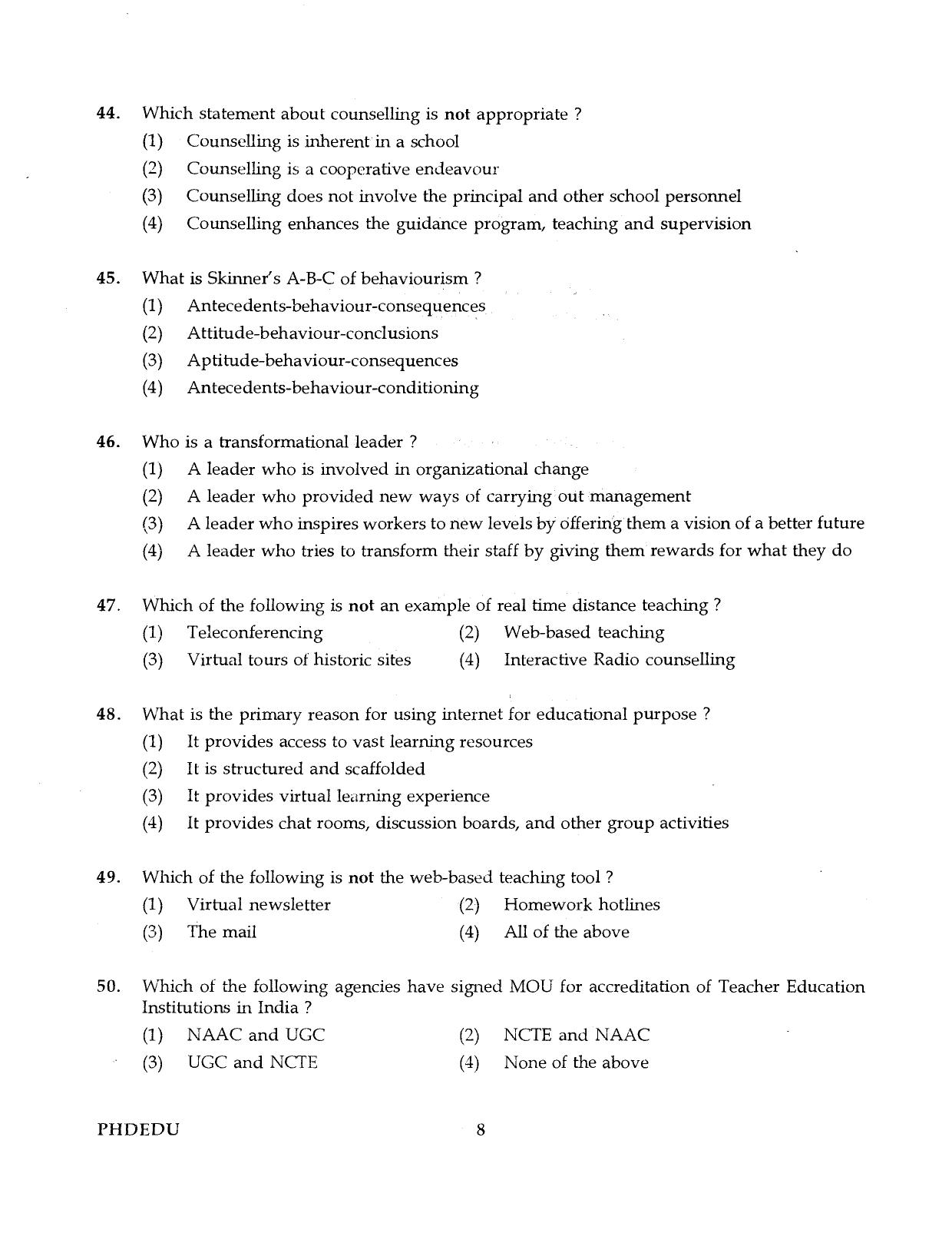 IGNOU PhD Entrance Test Ph.D (Education) 2016 Question Paper - Page 8