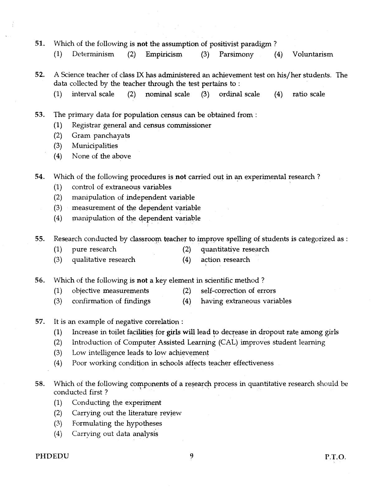 IGNOU PhD Entrance Test Ph.D (Education) 2016 Question Paper - Page 9