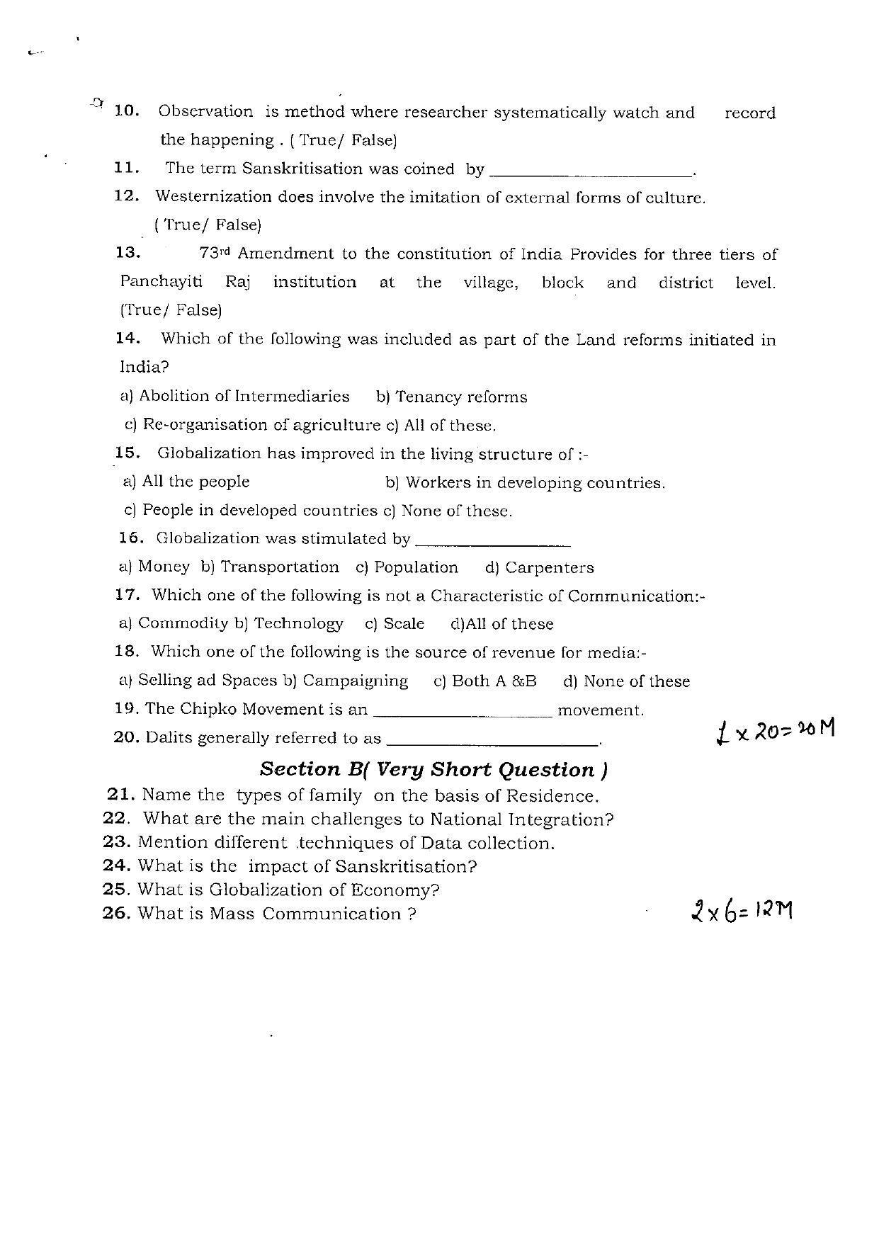 JKBOSE Class 12 Sociology Model Question Paper 2023 - Page 2