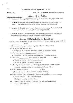 JKBOSE Class 12 Sociology Model Question Paper 2023