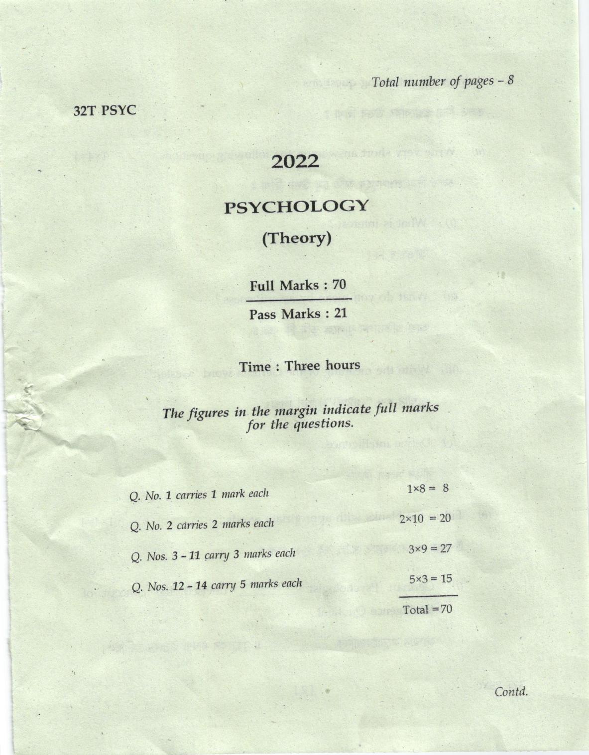 AHSEC Class 12 Psychology Question Papers 2022 - Page 1