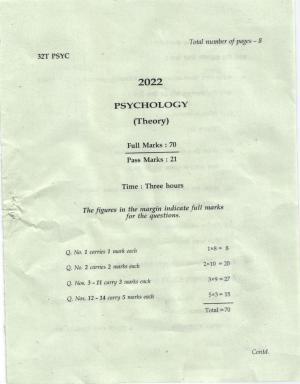 AHSEC Class 12 Psychology Question Papers 2022