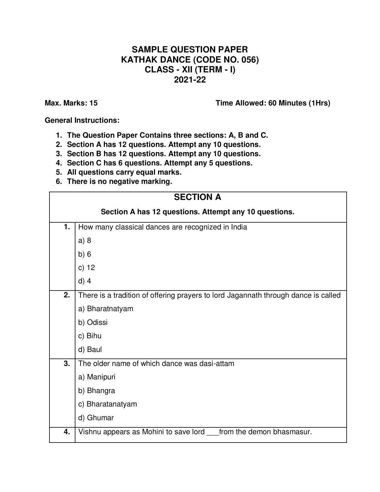 CBSE Class 12th Kathak Sample Question Paper 2021-22 - Page 1