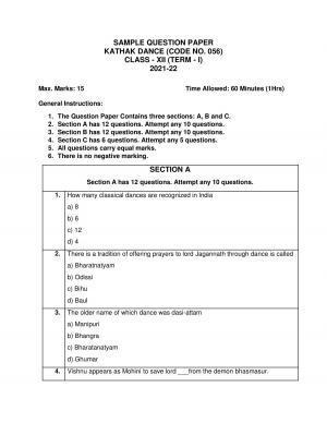 CBSE Class 12th Kathak Sample Question Paper 2021-22