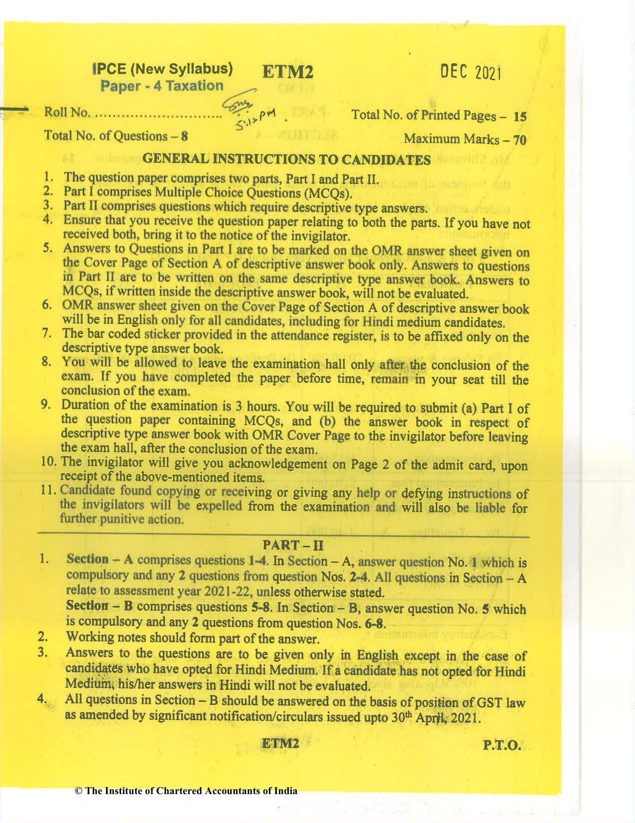 CA Inter Dec 2021 Question Paper - Paper 4 – Taxation - Page 1