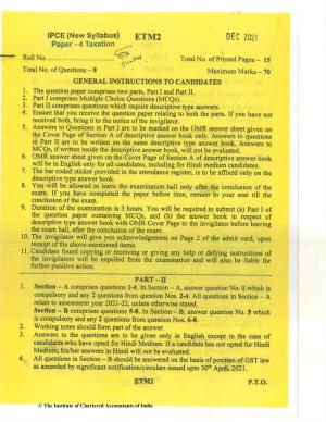 CA Inter Dec 2021 Question Paper - Paper 4 – Taxation