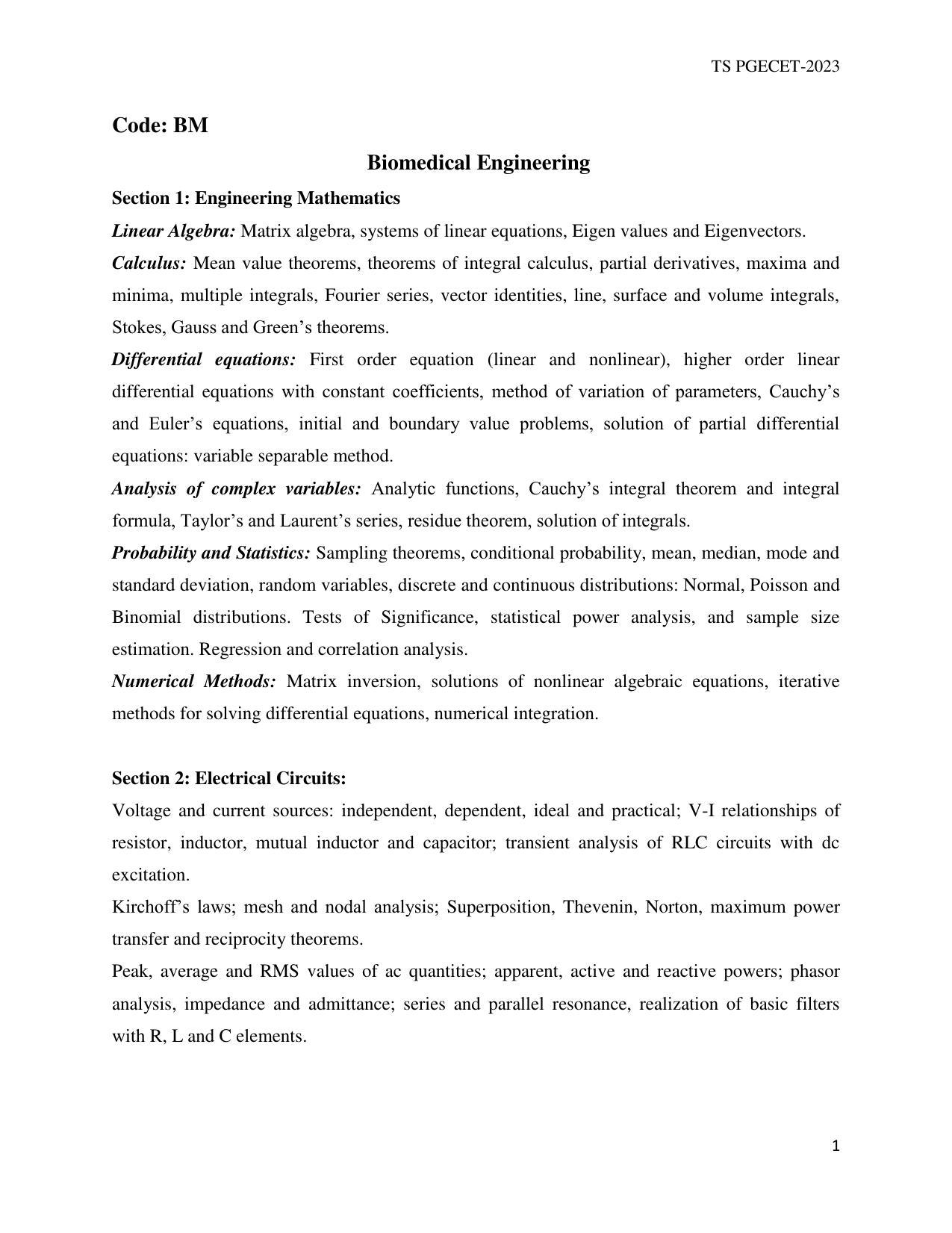 TS PGECET Biomedical Engineering Syllabus - Page 1