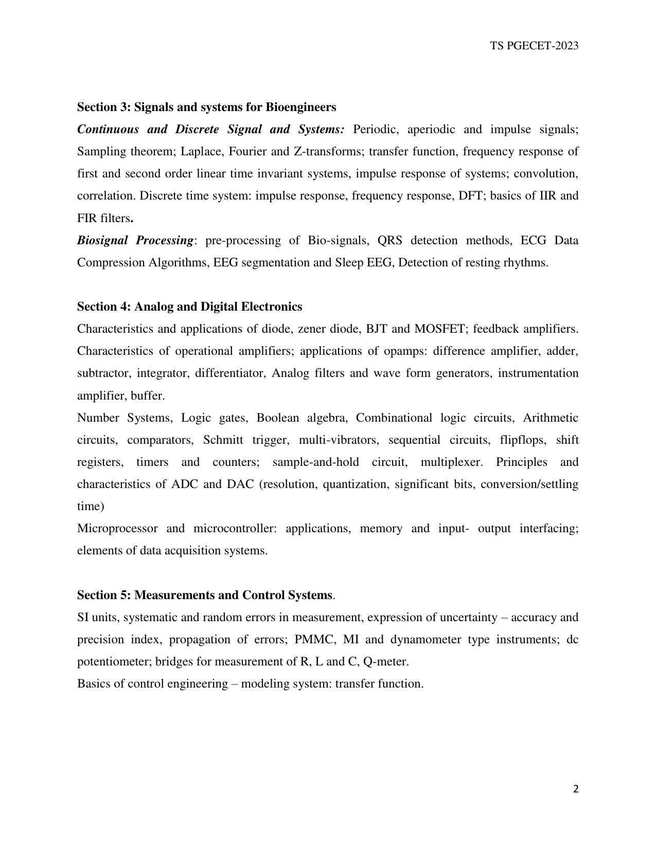 TS PGECET Biomedical Engineering Syllabus - Page 2