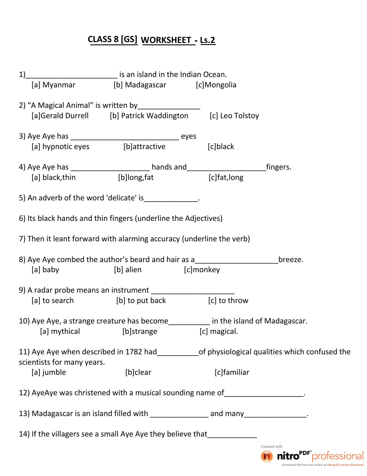 CBSE Class 8 English Worksheet A Magical Animal Assignment - Page 1