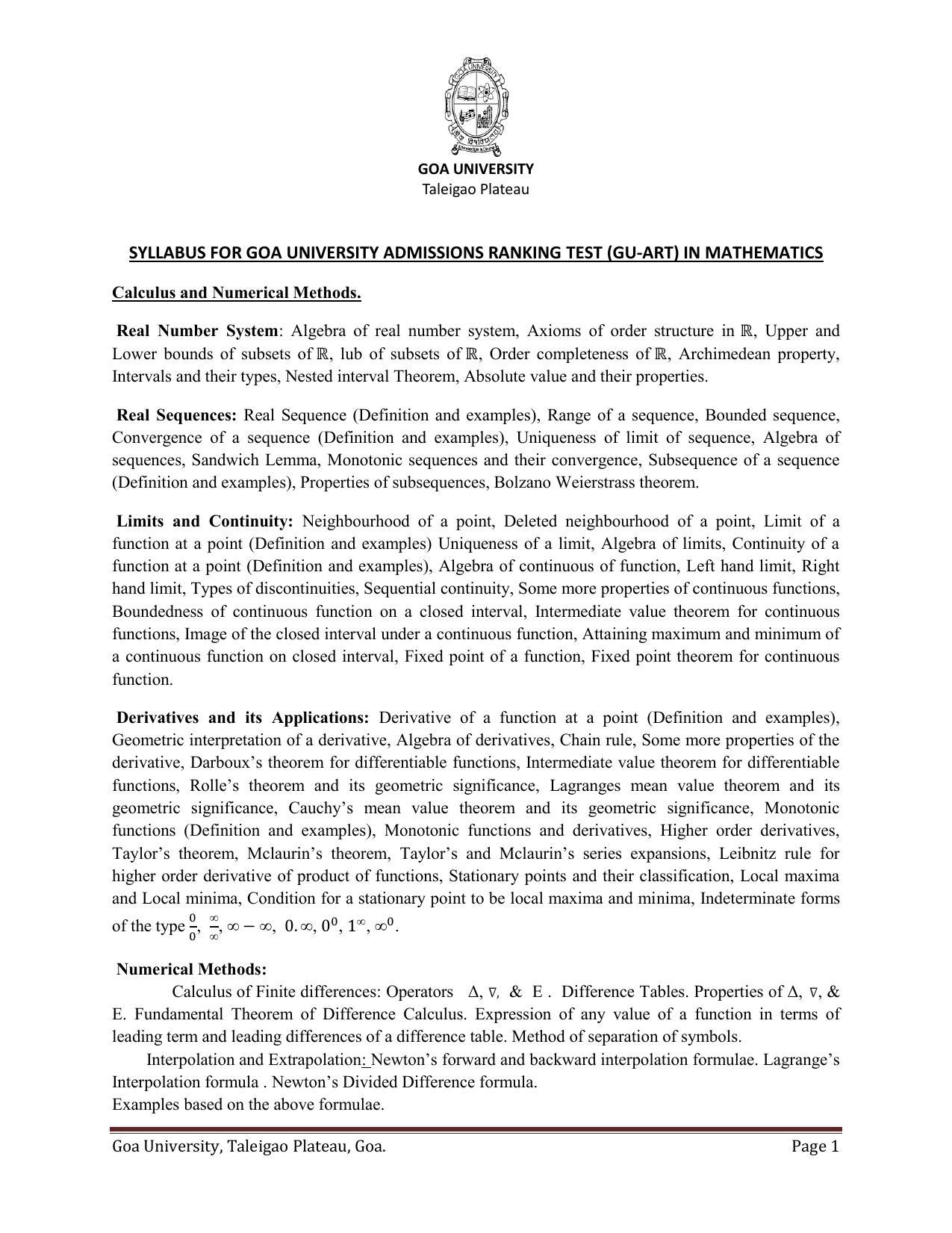 GU ART Mathematics Syllabus - Page 1