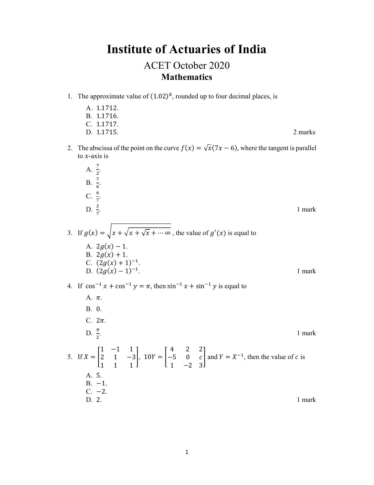 ACET October 2020 Question Papers - Page 1