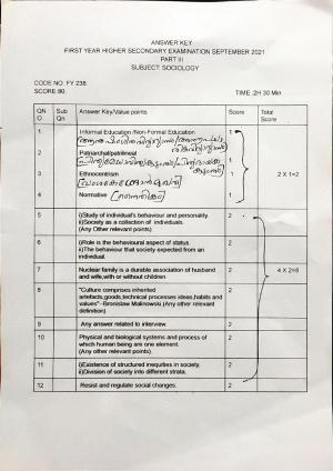 Kerala Plus One (Class 11th) Sociology Answer Key 2021