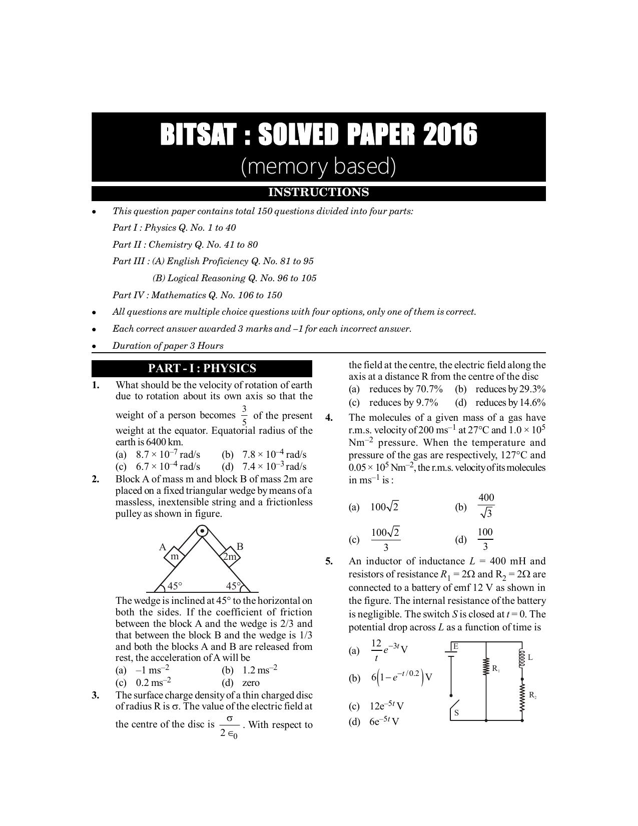 BITSAT 2016 Question Paper - Page 1
