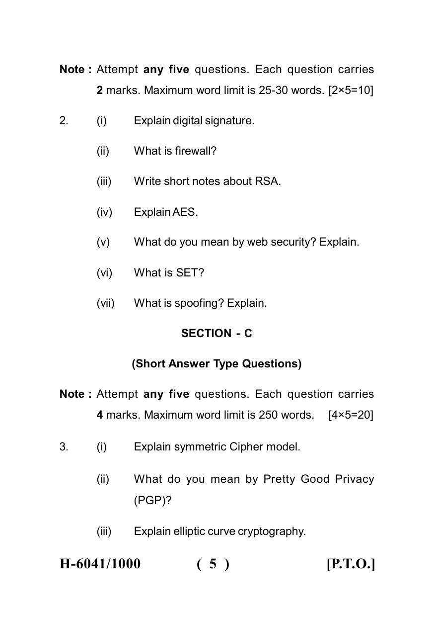 Sarguja University Question Paper July-2022 :   M.Sc. In information Technology (Fourth sem.)Network Security Paper 1 - Page 5