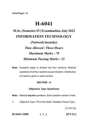 Sarguja University Question Paper July-2022 :   M.Sc. In information Technology (Fourth sem.)Network Security Paper 1