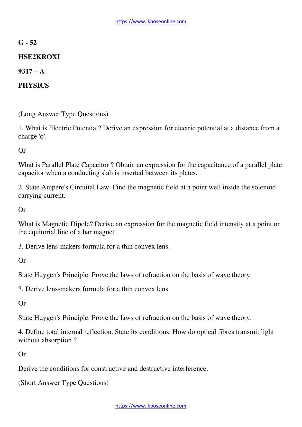 JKBOSE Class 12 Physics Question Papers 2011 (9317-A) - Page 1