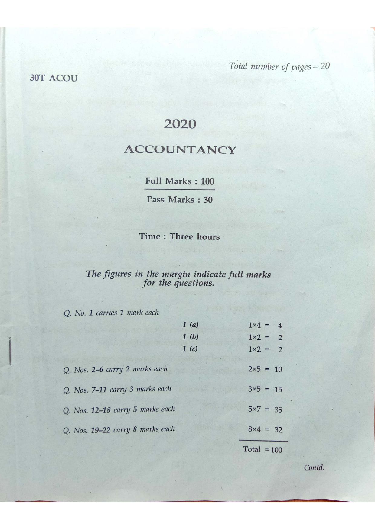 Assam HS 2nd Year Accountancy 2020 Question Paper - Page 1