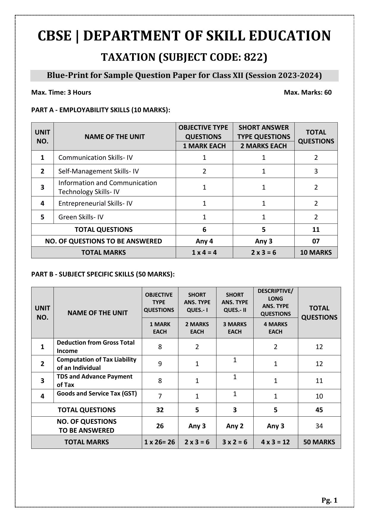 CBSE Class 12 (Skill Education) Taxation 2024 Sample Paper - Page 1