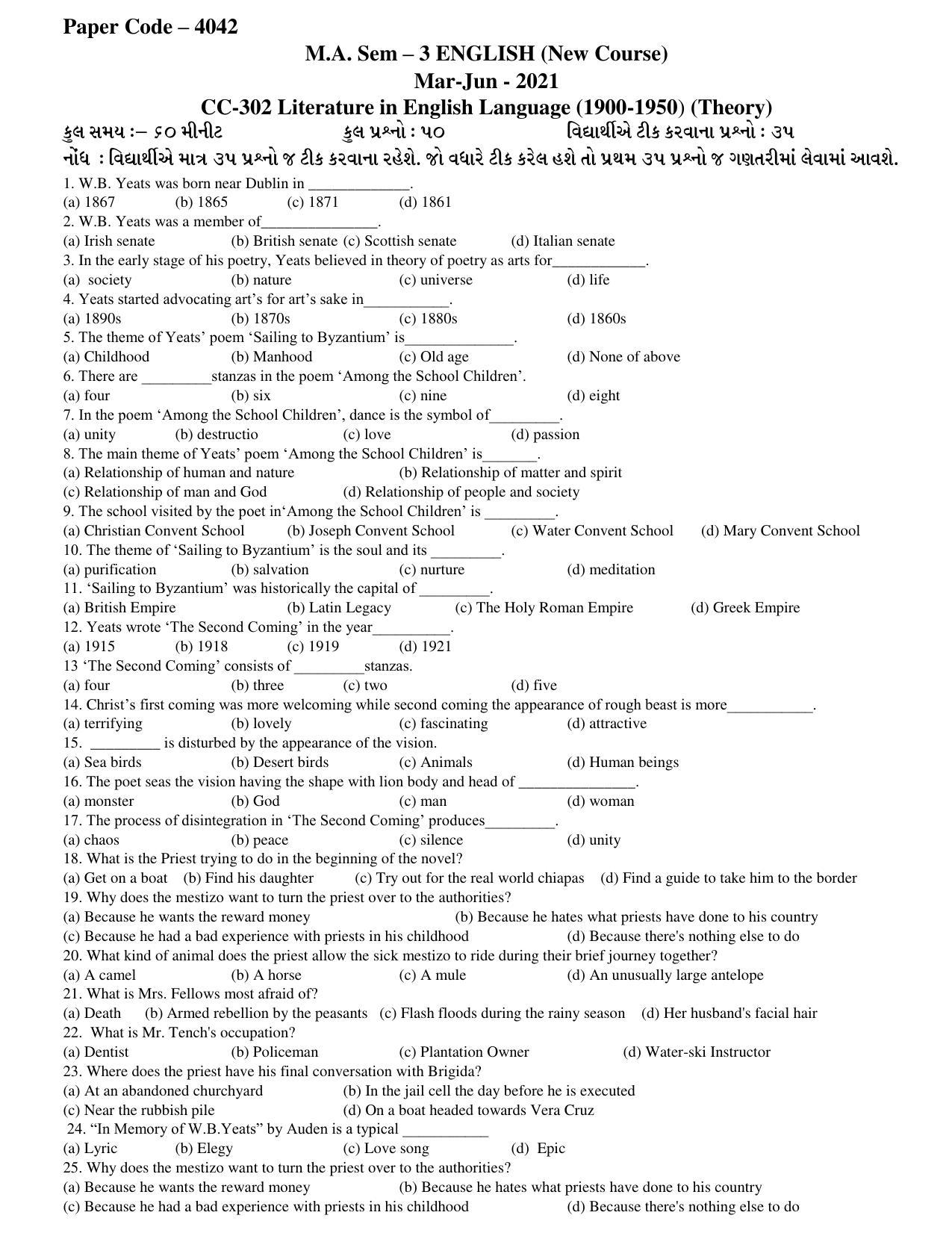 Hemchand North Gujarat University Sample Paper Mar-Jun 2021: M.A. Sem – 3 English-CC-302 Literature in English Language (1900-1950) (Theory) Paper Code – 4042 (New Course) - Page 1