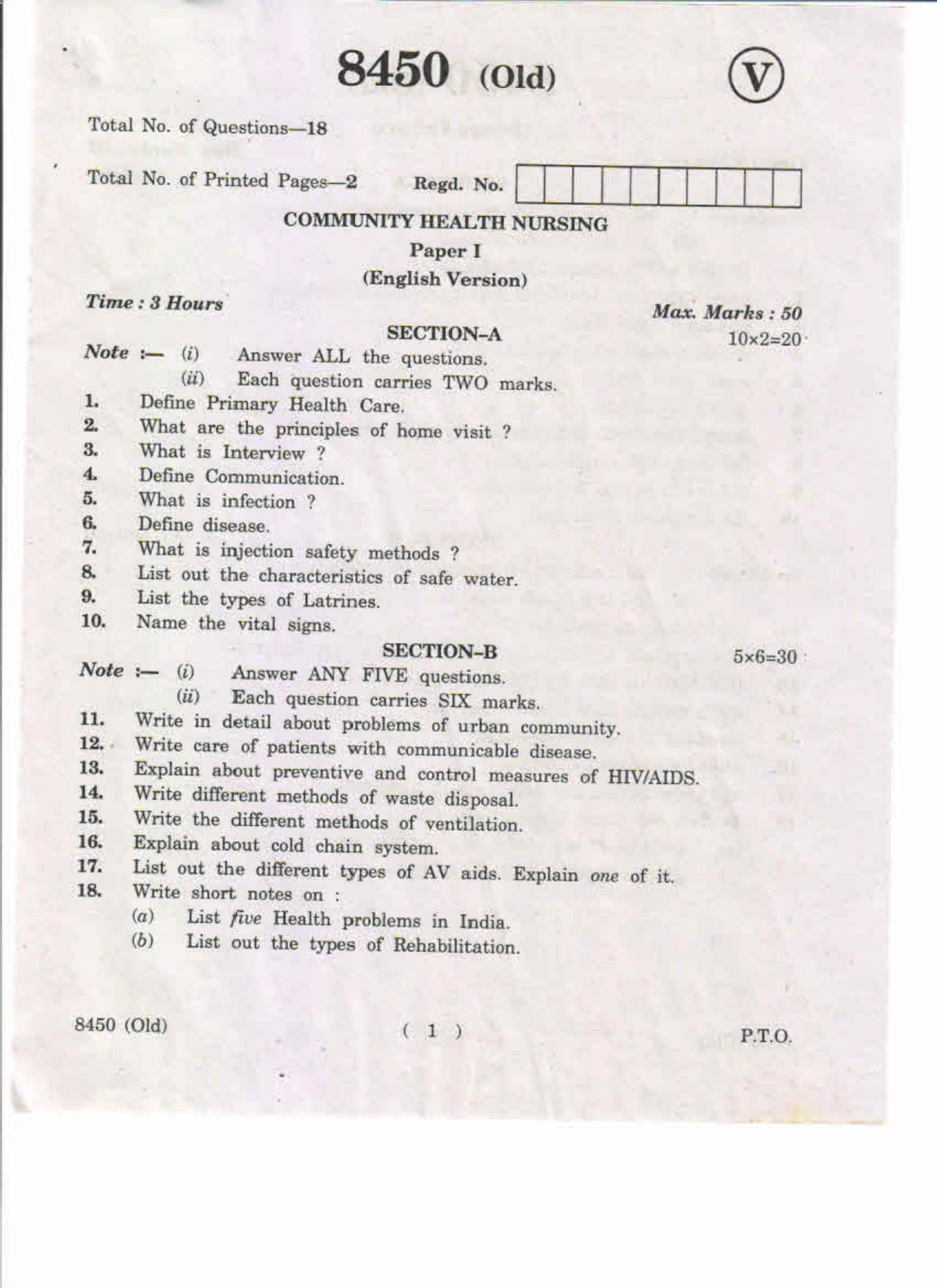 AP Inter. 2nd Year Vocational Question Paper May – 2019 - Community Health Nursing-I(Old) - Page 1