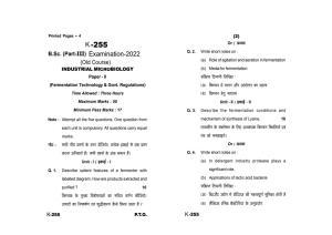 Sarguja University Question Paper - 2022 :   B. Sc. Part Three (10+2+3) 3 Y DC (Old Course ) Industrial Micro- Biology Paper II