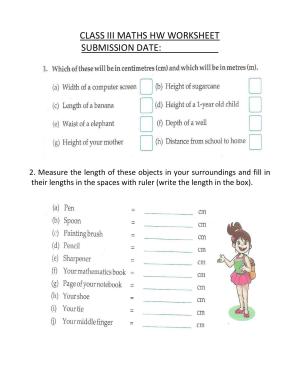 Worksheet for Class 3 Mathematics Shapes Sizes Assignment
