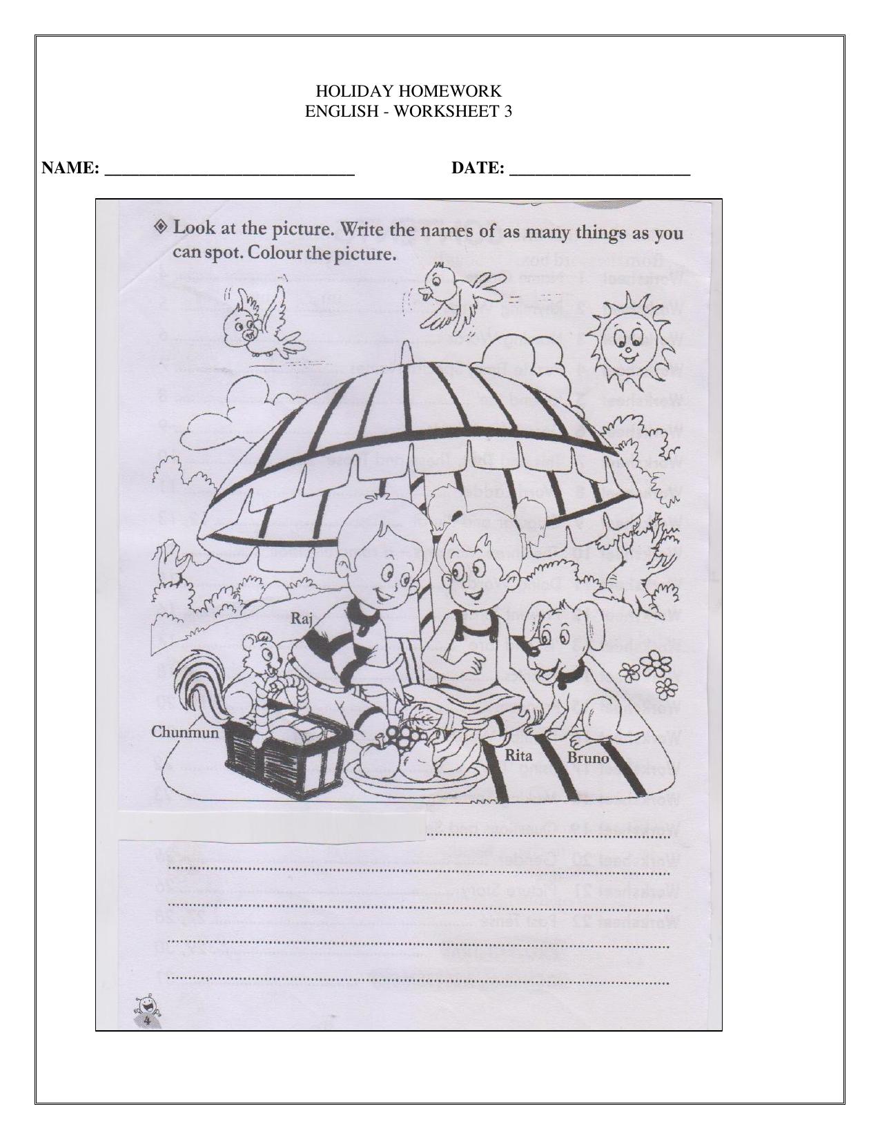 Worksheet for Class 1 English Assignment 14 - Page 1