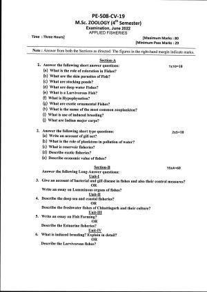 Bilaspur University Question Paper June 2022:M.Sc. Zoology (Fourth Semester) Applied Fisheries paper 1